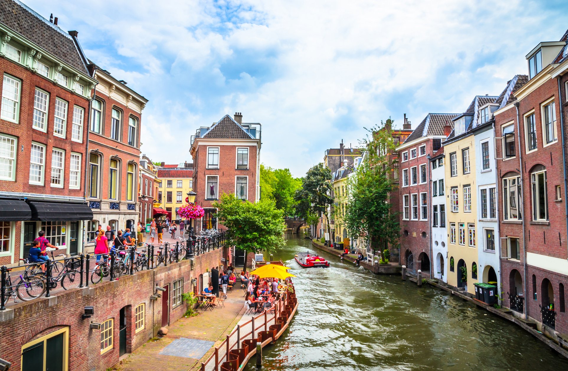 Traditional old street and buildings  in Utrecht, Netherlands.